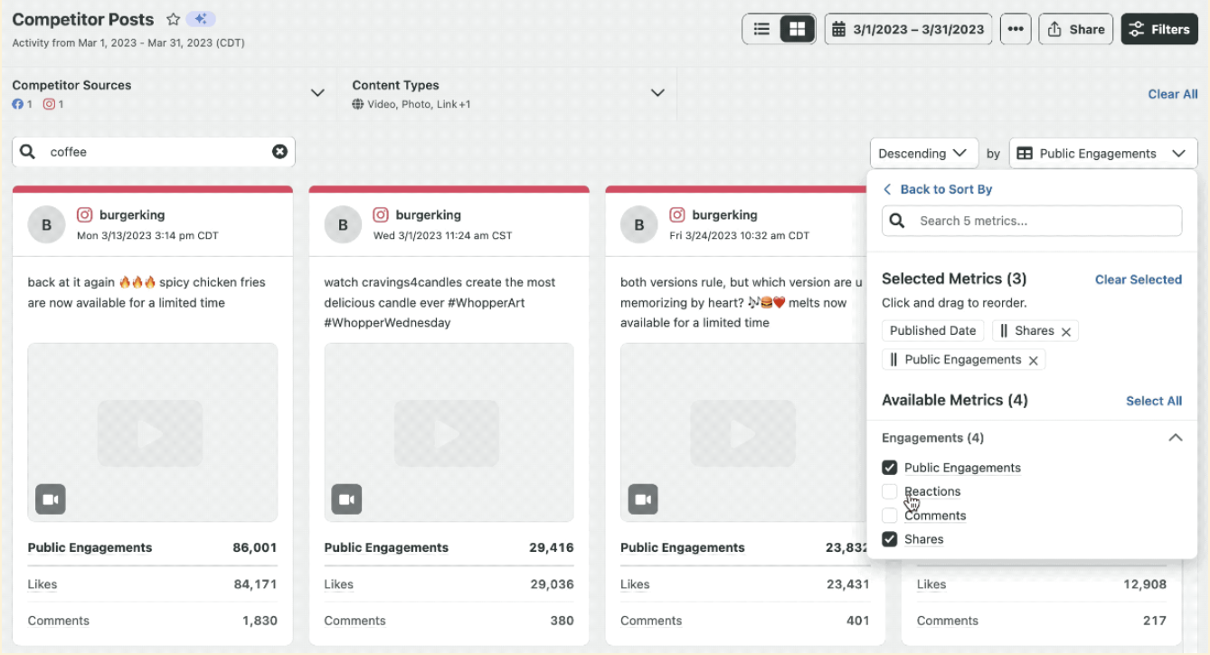 A demonstration of how to sort metrics for a Sprout Social Competitor Posts report